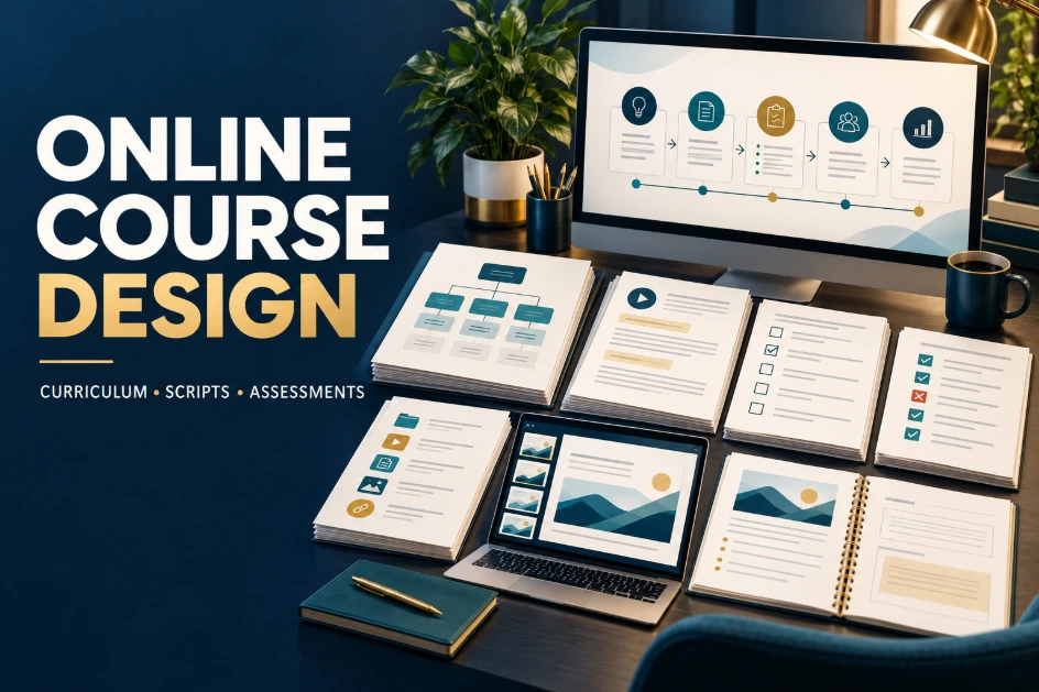 Online course design workspace with curriculum, scripts, and assessments