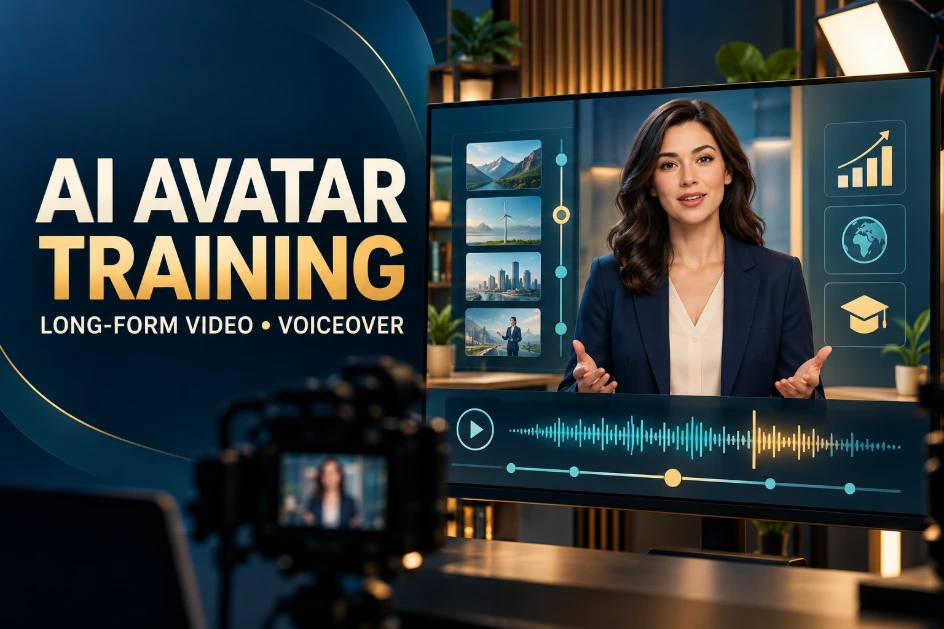 AI avatar presenter in a training video studio with voiceover